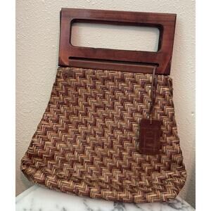 C F M Woven Handbag Wooden Handles Leather Details Purse Boho No Shoulder Strap
